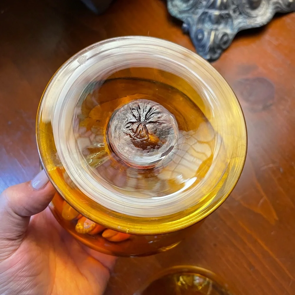 Depression, glass, pedestal candy dish amber